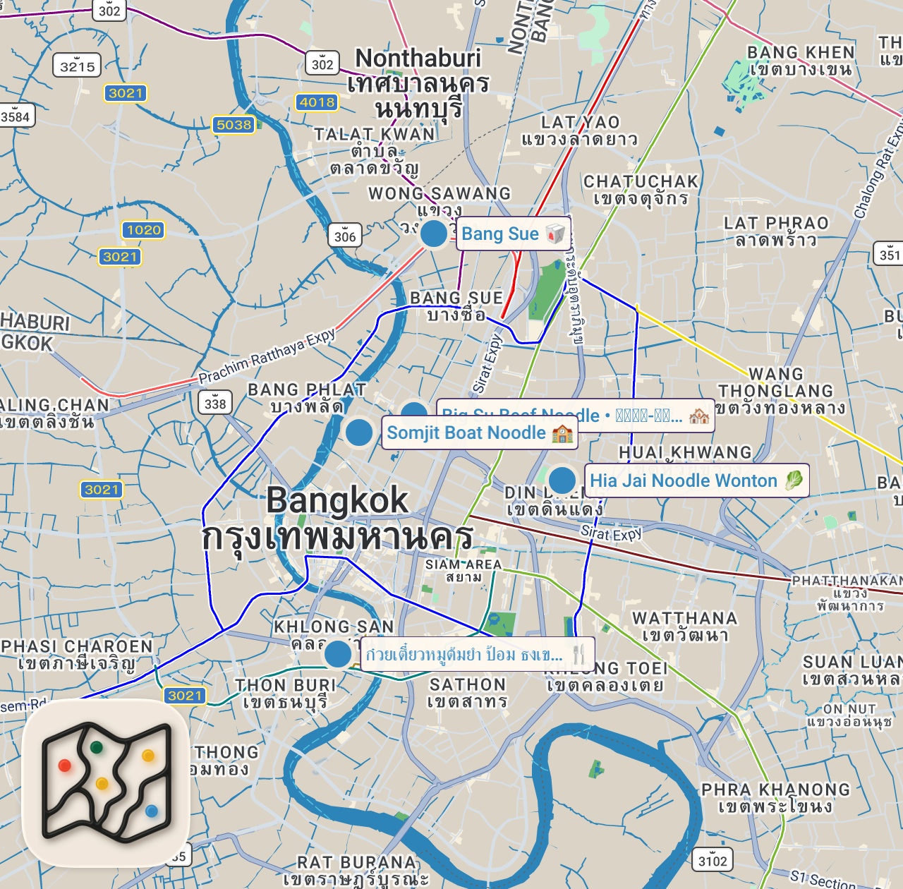 Map of 5 spots from Thailand Street Food - 5 MUST-EAT Thai Noodle Soups in Bangkok!! 🇹🇭