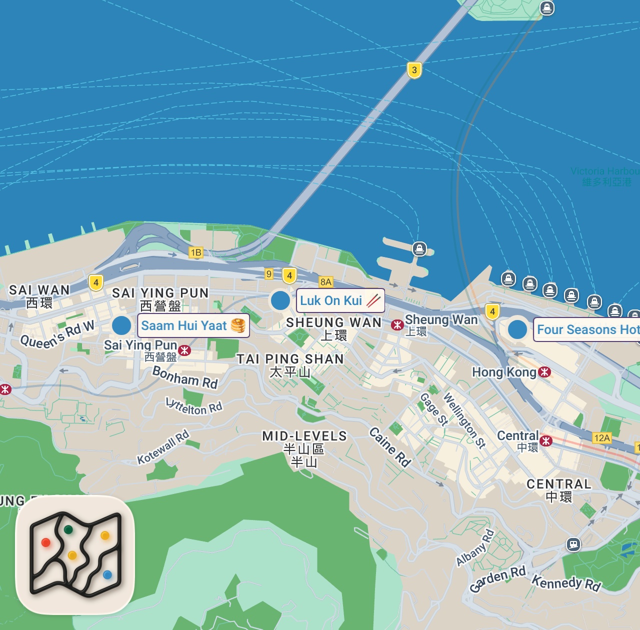 Map of 4 spots from $10 VS $200 Dumplings!! 🥟 Ultimate DIM SUM TOUR in Hong Kong!