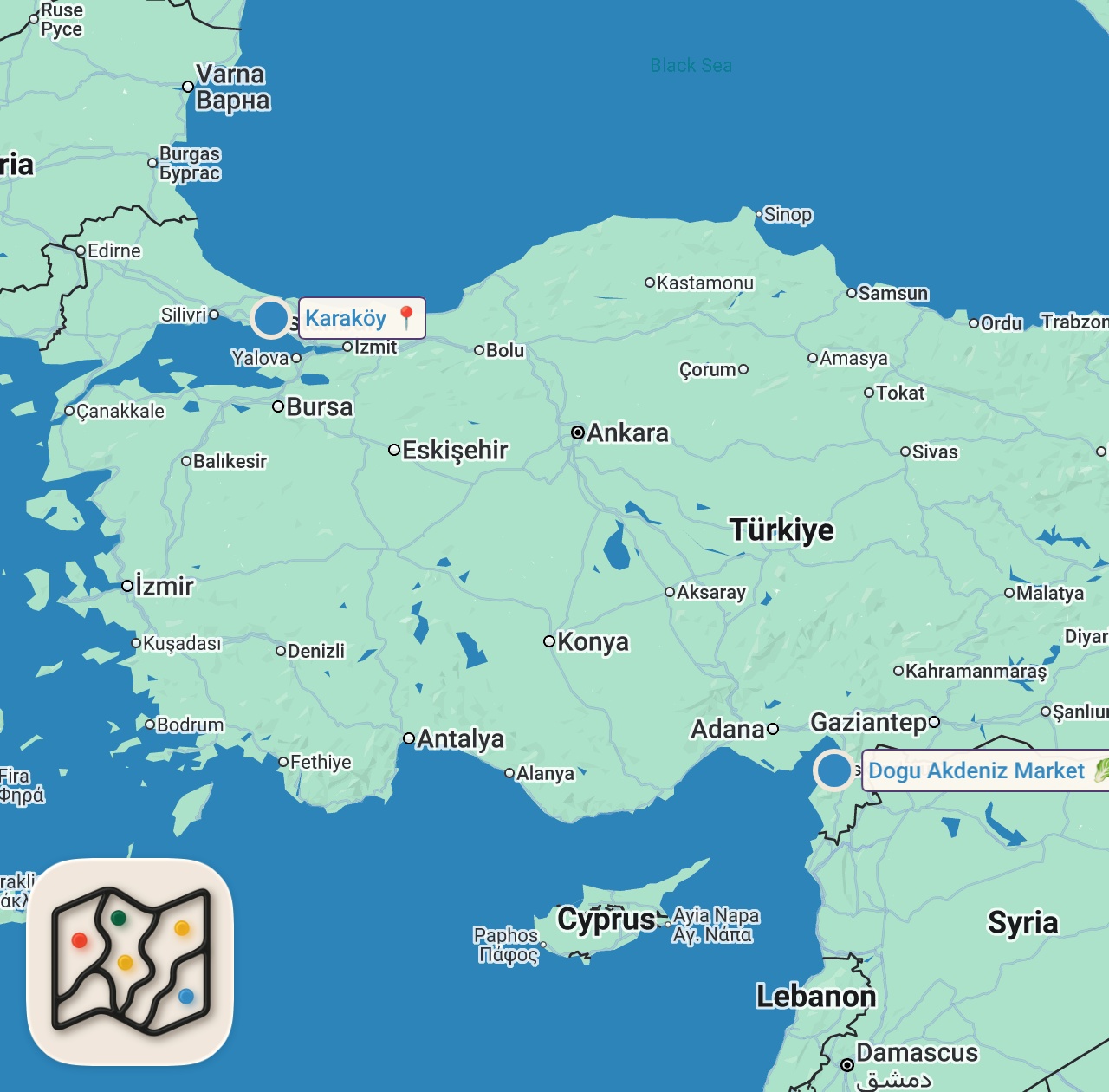 Map of 2 spots from UCUZ TARİFLER SERİSİ - KARAKÖY BALIK DÜRÜM!!!