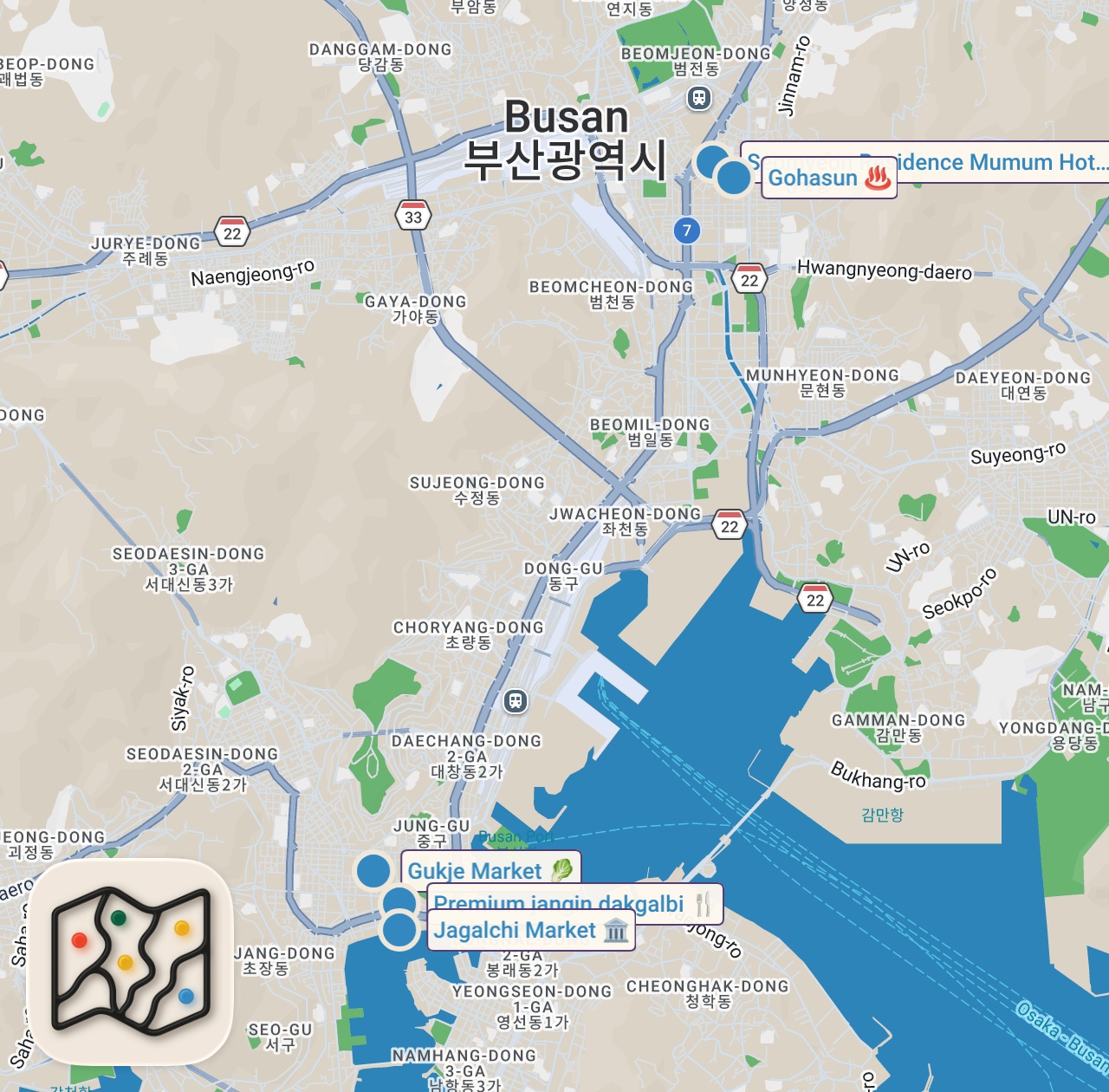 Map preview for 24 Hours of Korean Food in BUSAN – Pork vs Beef BBQ + Street Food & Jagalchi Market