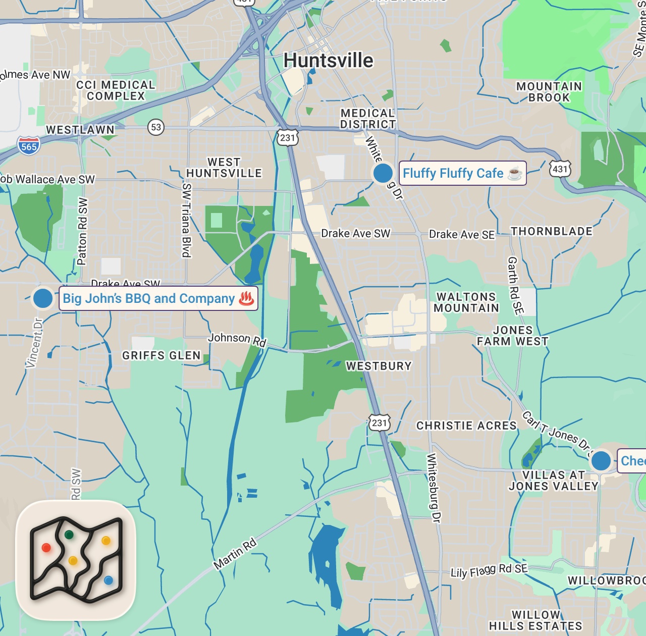 Map of 3 spots from Eating at VIRAL Restaurants For 24 Hours... (Huntsville, Alabama)