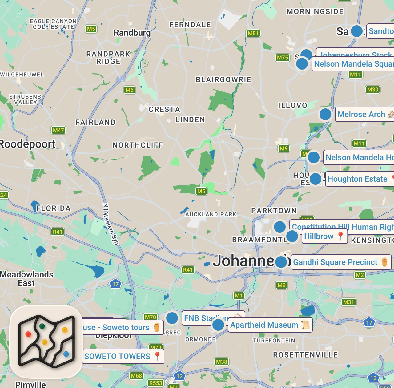 Map of 16 spots from JOHANNESBURG, SOUTH AFRICA (2026) | Top Things To Do For A 1 Day Visit in Johannesburg (+ Tips)