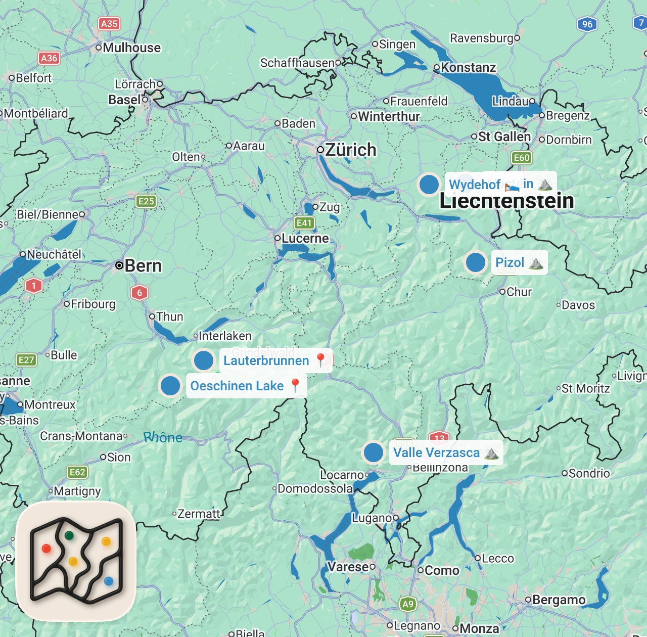 Map preview for Schweiz Urlaub TOP 5 mit Sehenswürdigkeiten & Geheimtipps