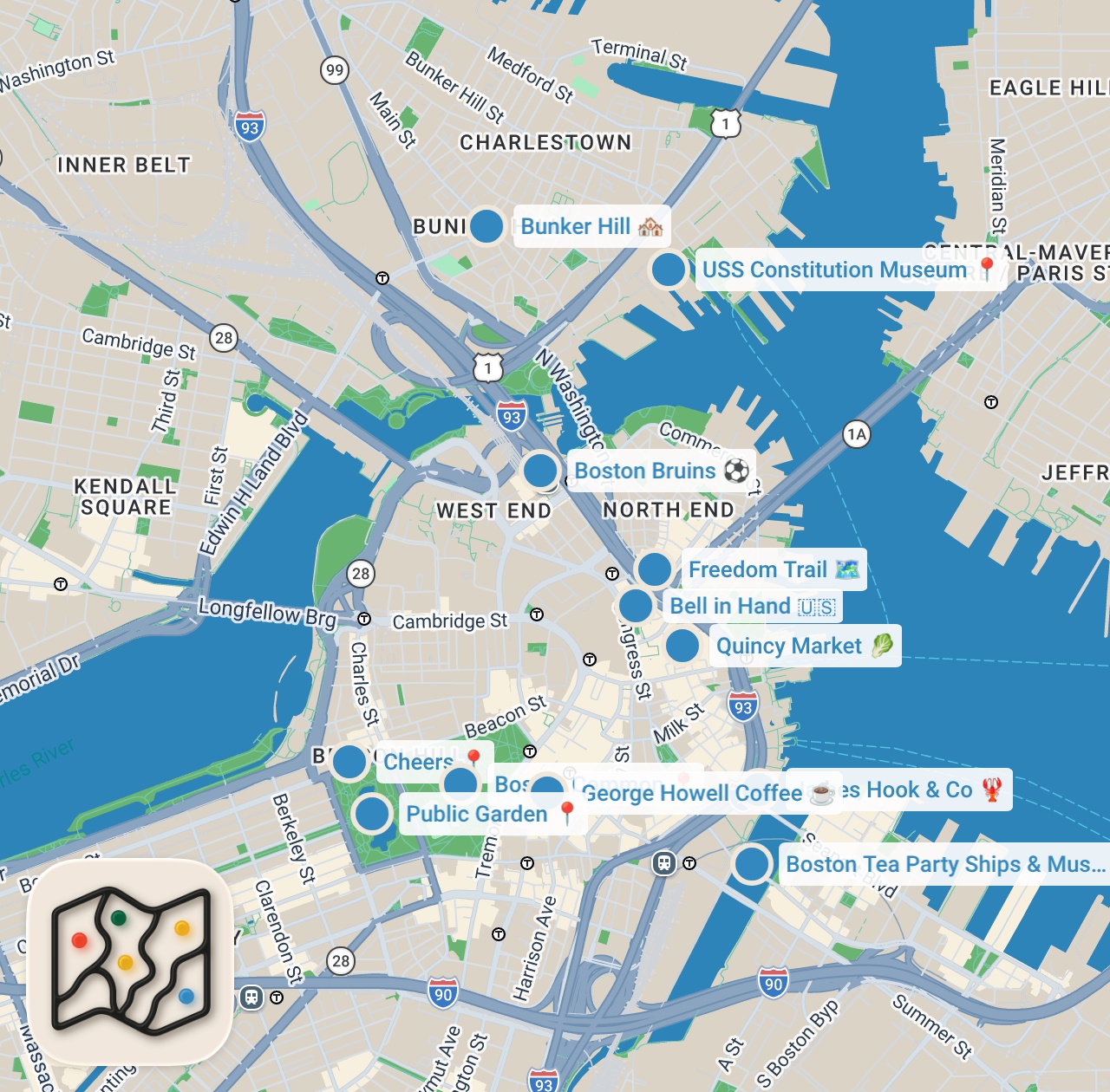 Map preview for 48 Hours in Boston | Must See, Do and Eat
