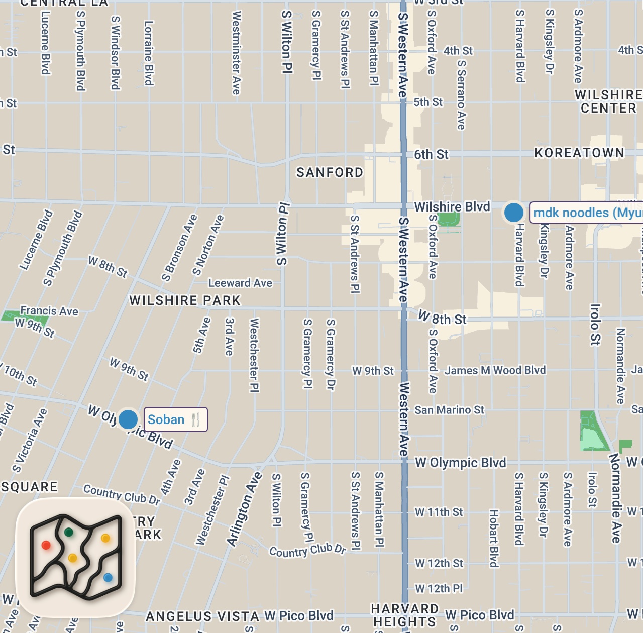 Map of 2 spots from Huge KOREAN FOOD Tour!! 🌶️ SPICY SEAFOOD + Kimchi Noodles in Koreatown, LA!! [Part 1]