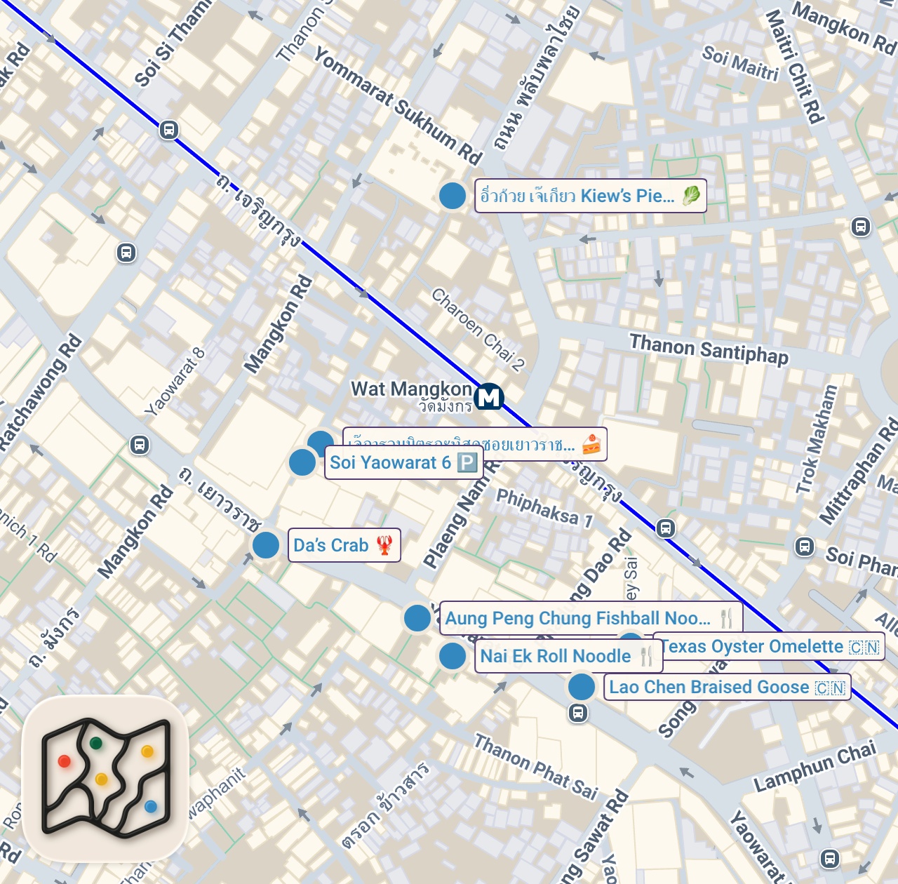 Map preview for 10 Must Try Foods in BANGKOK CHINATOWN 🇹🇭 Crispy Pork + Raw Seafood + Noodles - Thai street food