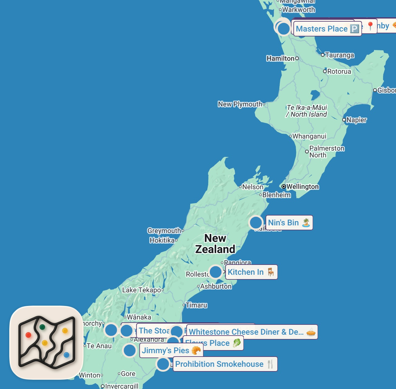 Map of 18 spots from Ultimate NEW ZEALAND Food Tour!! 21 Best Meals From Auckland to Queenstown [Full Documentary]