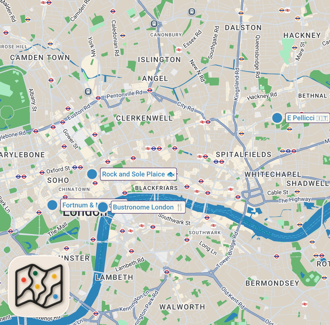 Map of 4 spots from I Tried London's 5 Most Iconic Food Experiences