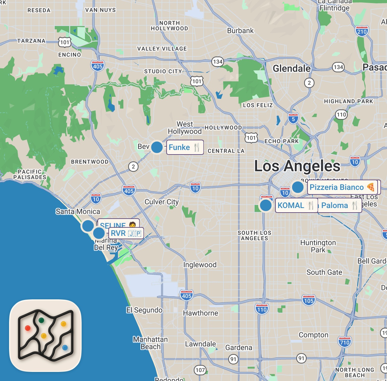 Map of 8 spots from 12HRS in LOS ANGELES - A Michelin Chef Shows Us Where He Eats ft. Funke, Bianco, Kato, RVR & More