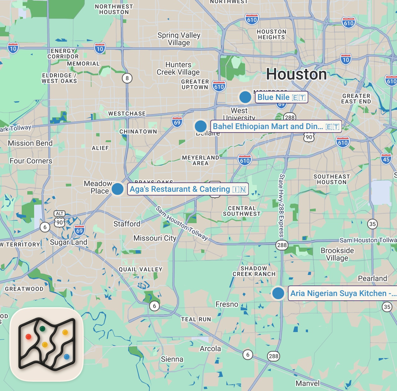 Map of 5 spots from Houston African Food Marathon!! Ethiopian, Nigerian & Ghanaian Eats!!