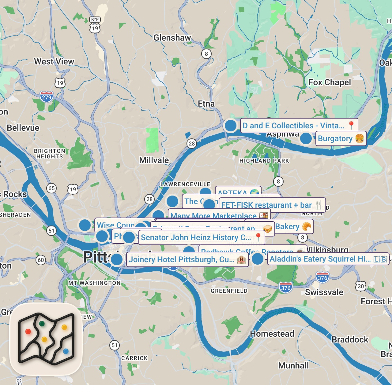 Map of 19 spots from 10 MUST EAT Restaurants in Pittsburgh!
