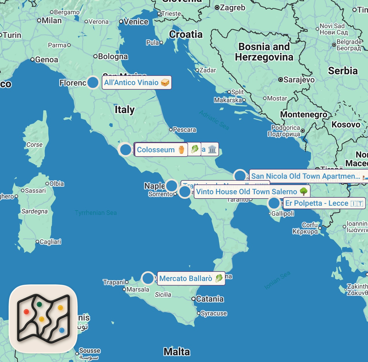 Map preview for 80 Must Try Italian Foods 🇮🇹 NAPOLI Pizza + FLORENCE Steak + PALERMO Market + MOZZARELLA Factory