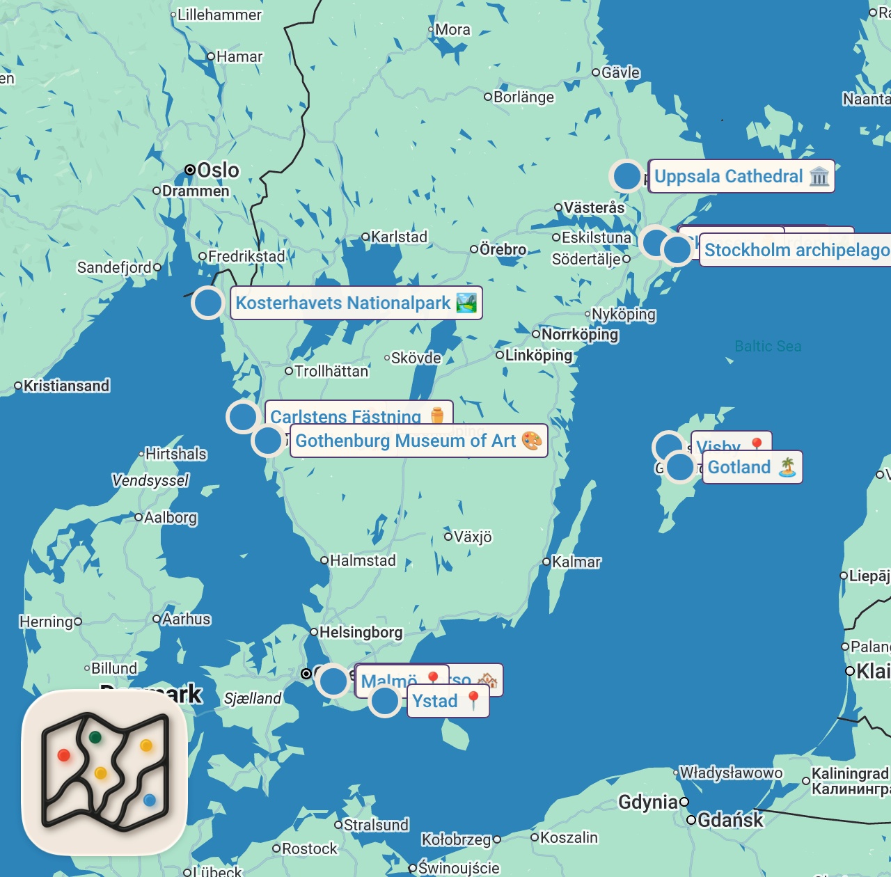 Map of 16 spots from TOP 10 BEST PLACES TO VISIT SWEDEN | BÄSTA PLATSER ATT BESÖKA SVERIGE