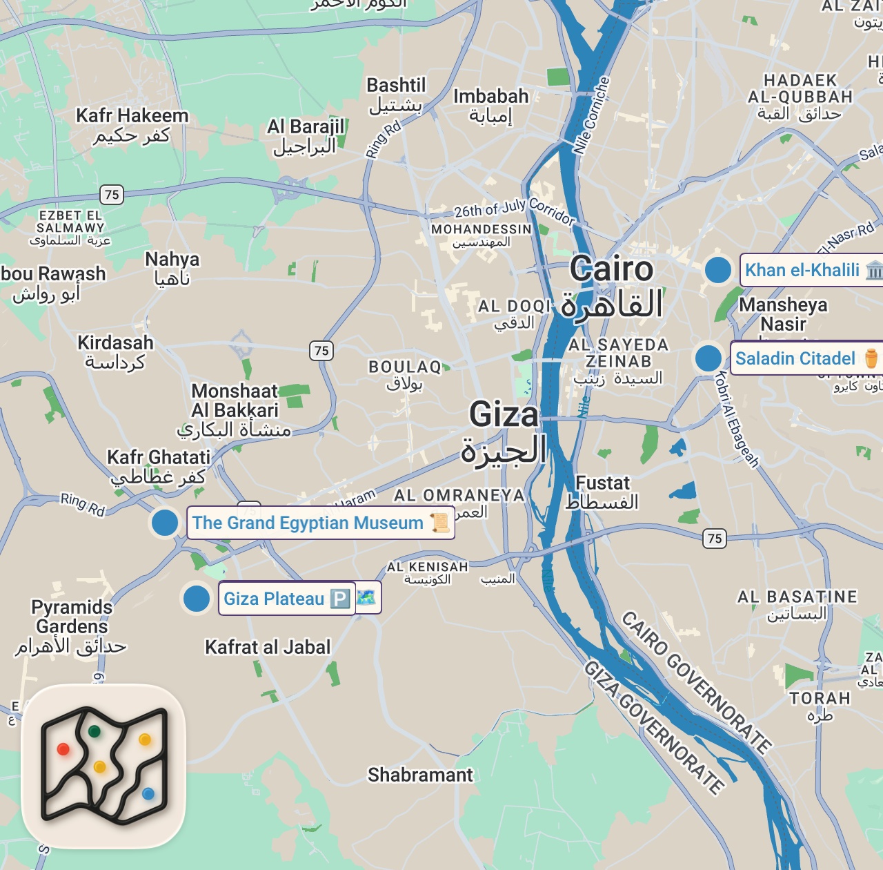 Map of 6 spots from Grand Egyptian Museum Walking Tour 2026 | 4K Cairo Walk