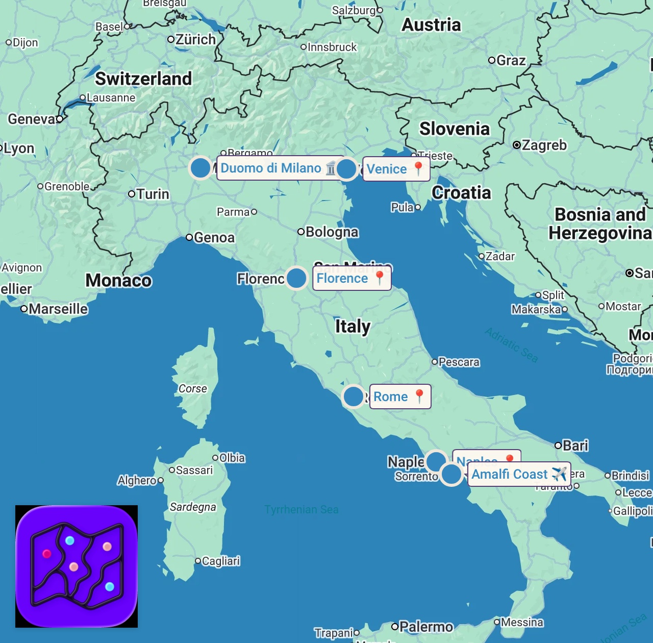 Map of 6 spots from Italian for Travel ✈️ | Most Essential Phrases You MUST Know | Italian Podcast