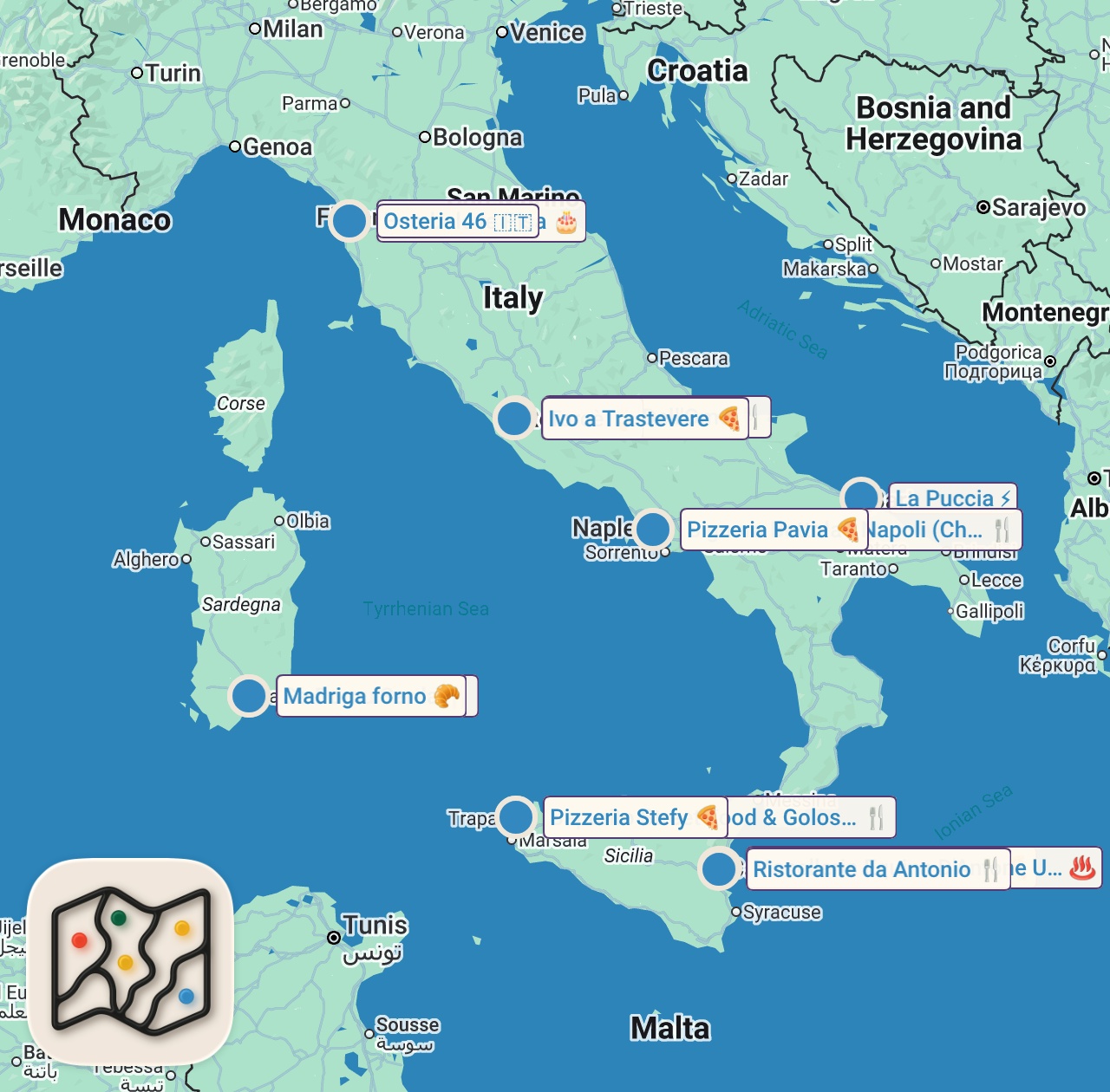 Map of 15 spots from 30 ITALIAN FOODS You Must Try - From Neapolitan Pizza to Sicilian Horse Meat IT