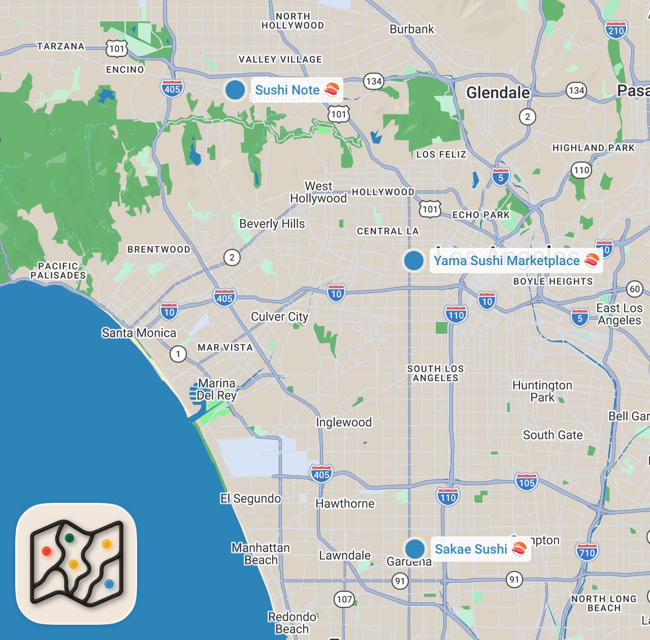 Map preview for Finding The Best Sushi In Los Angeles | Food Tours | Insider Food