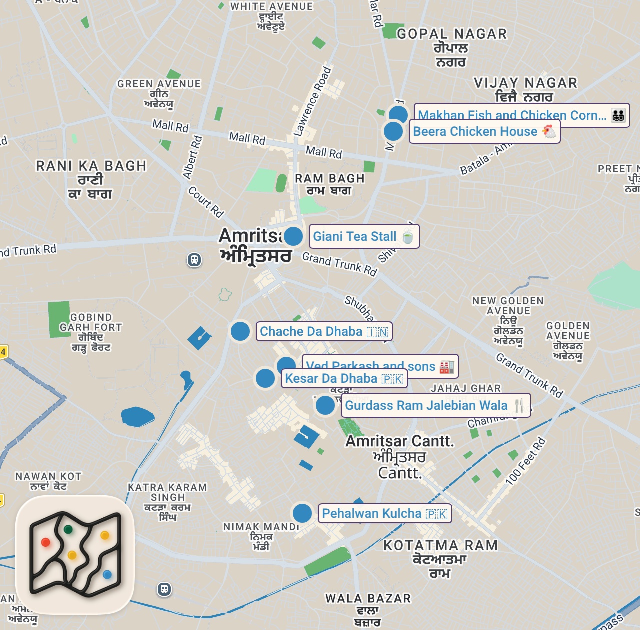 Map of 8 spots from I Tried India’s 10,000 Calorie Diet!! (Best Punjabi Food in Amritsar)