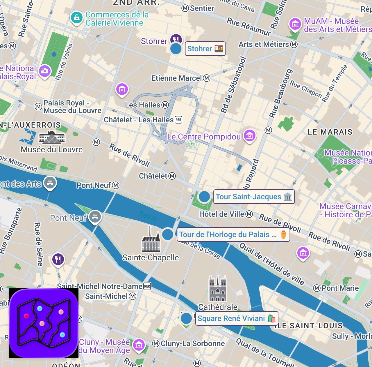 Map of 4 spots from Journée à Paris [FRENCH VLOG w 🇫🇷 SUBS] Oldest pâtisserie in Paris, île de la Cité & St Michel