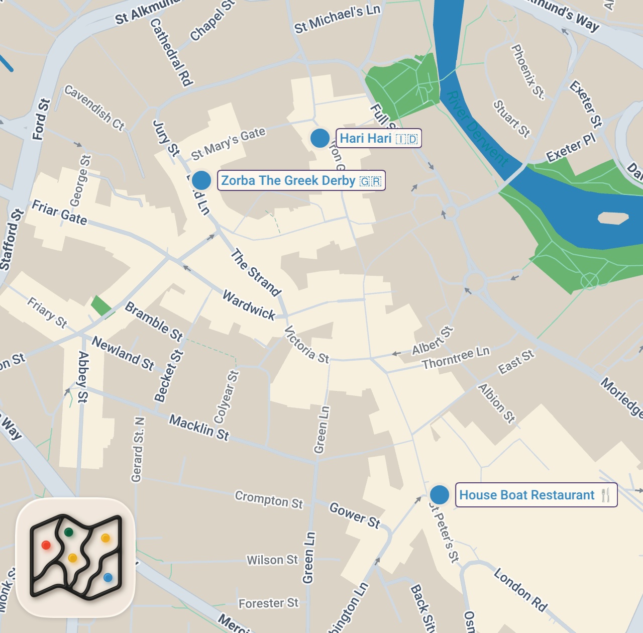 Map of 3 spots from I Ate At Derby’s BEST Food Spots