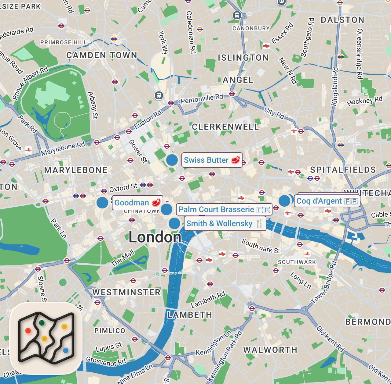 Map of 6 spots from Finding the Best Steak in London