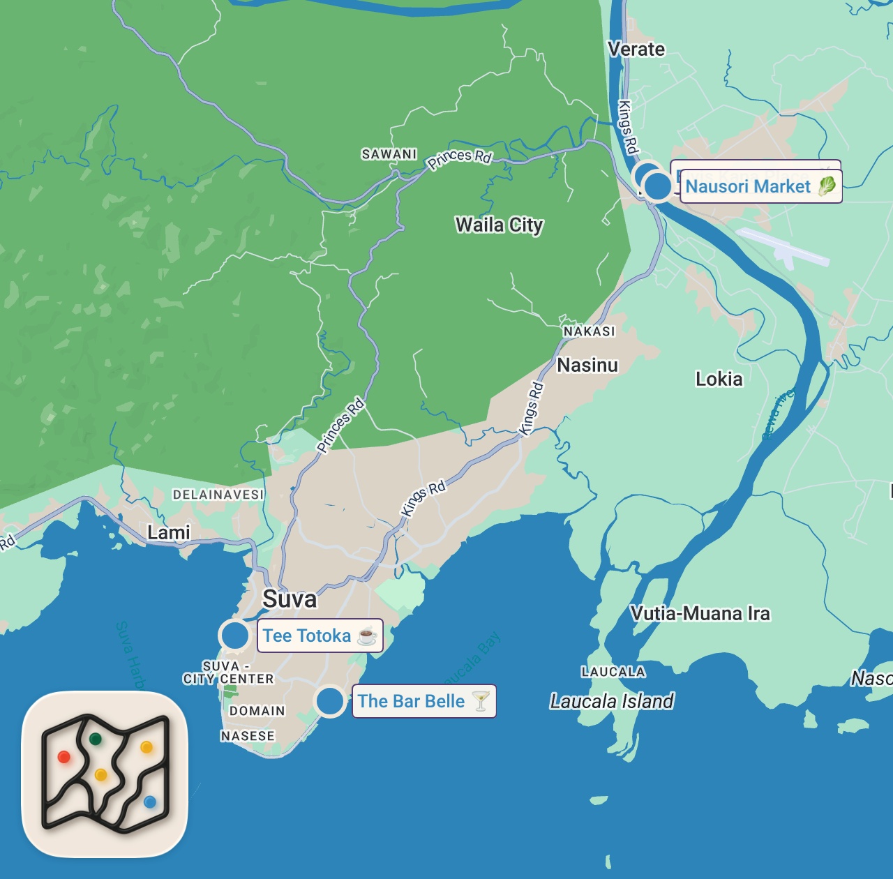 Map of 4 spots from First Time in Fiji 🇫🇯 FIJIAN STREET FOOD - Taro Leaves, Fish Kokoda + Market Tour!