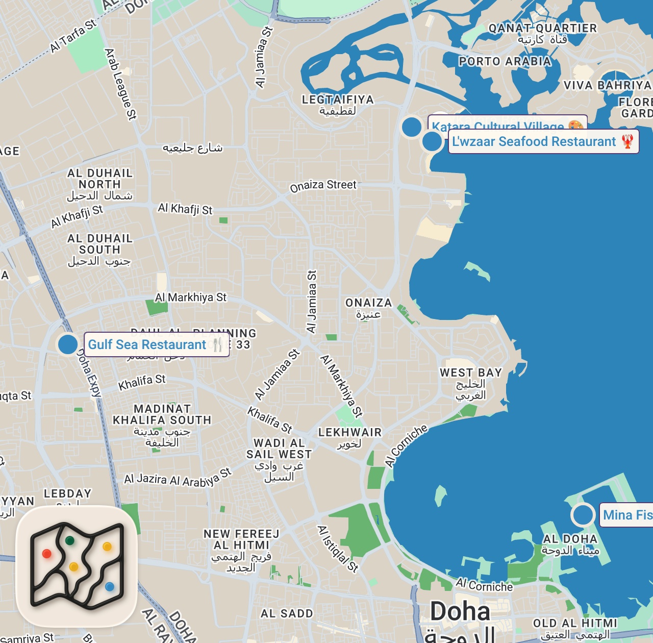 Map of 4 spots from Local VS. Luxury Seafood in Qatar! 🇶🇦 (Which One Is Worth It?)