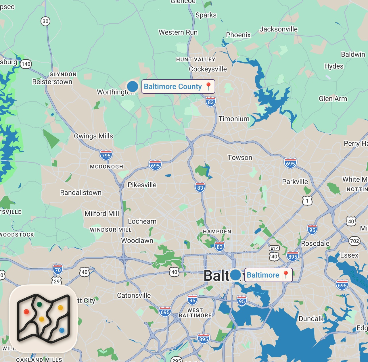 Map of 2 spots from I Flew to Baltimore to Try the Viral $130 King Crab Stuffed Egg Rolls