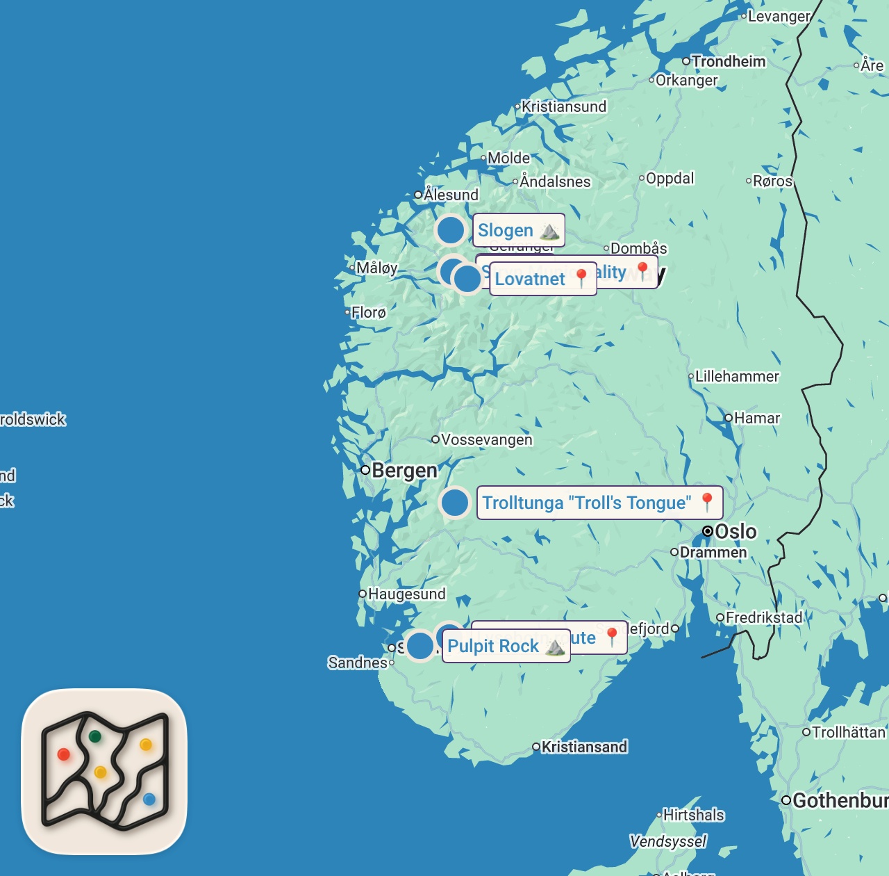Map of 9 spots from Top 10 Places in Norway That Look Unreal (You Need to See #8!)
