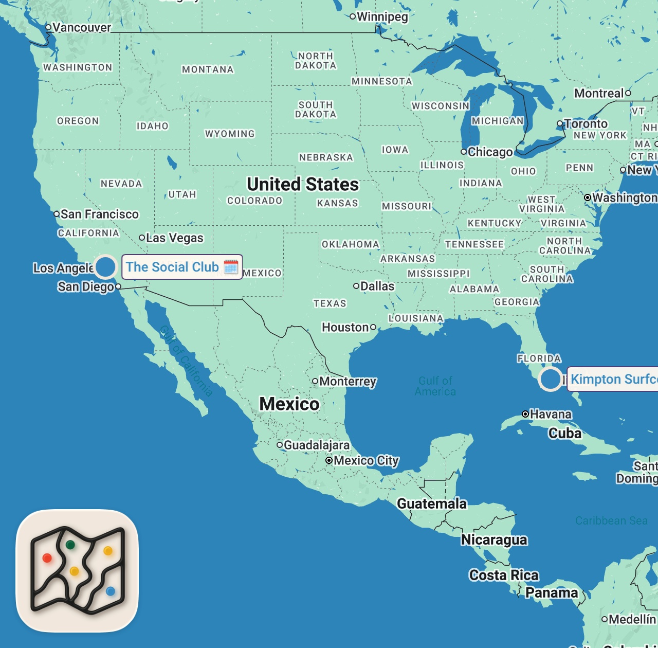 Map of 2 spots from Eating at a HOTEL for a day #shorts #KimptonSurfcomberPartner
