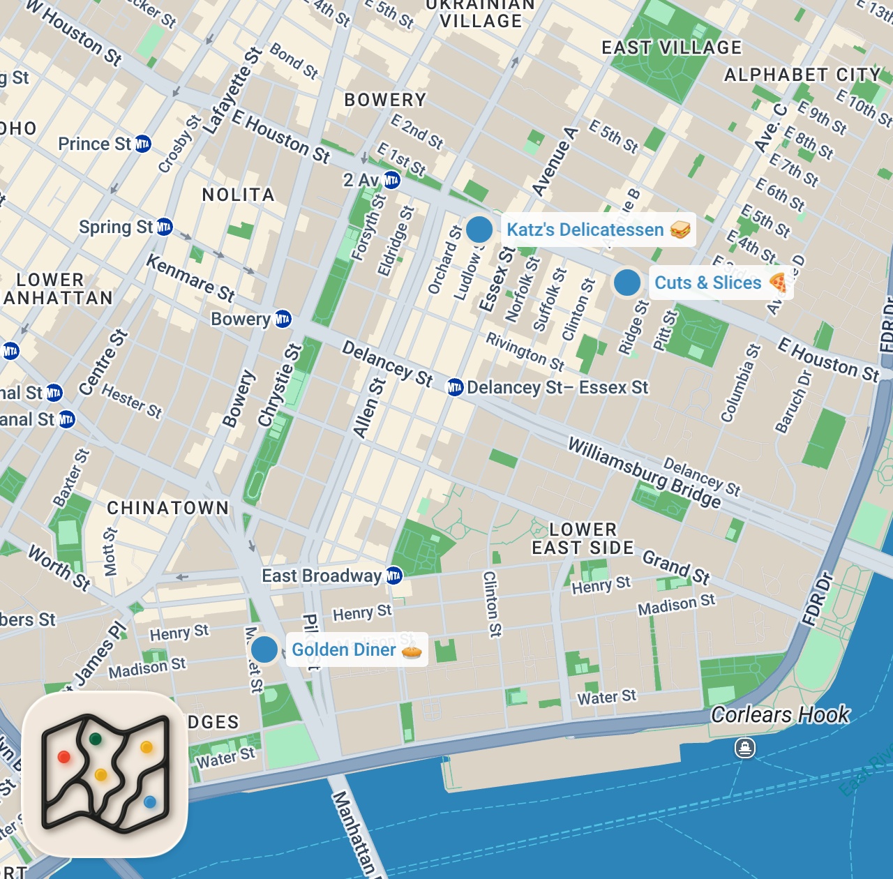Map preview for New York City Food Tour (Golden Diner, Katz Deli, Cuts & Slices)
