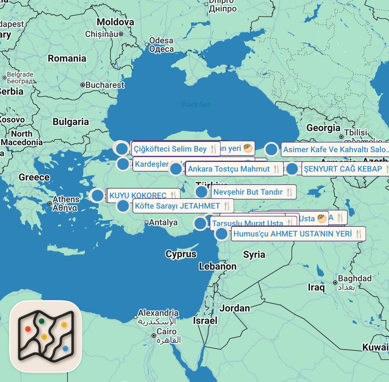 Map of 70 spots from Best TURKISH STREET FOOD Across Turkey 🇹🇷 ADANA Kebab + GAZIANTEP Baklava + ISTANBUL Doner & More