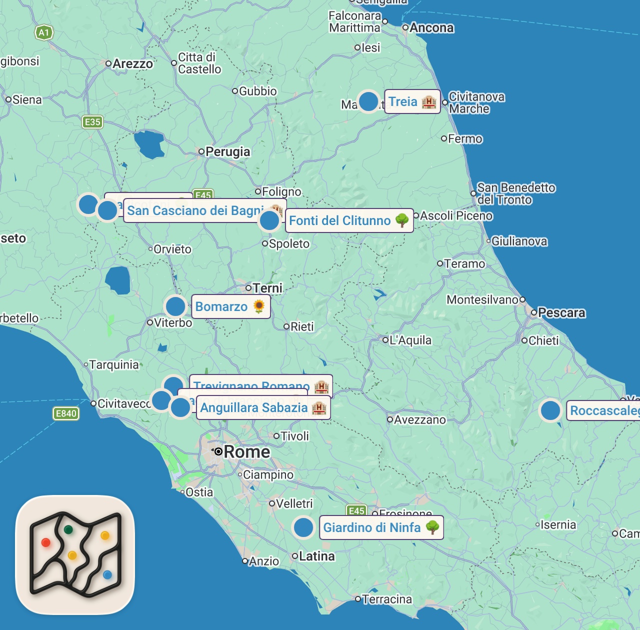 Map of 11 spots from 7 Idee per gite e weekend in Centro Italia