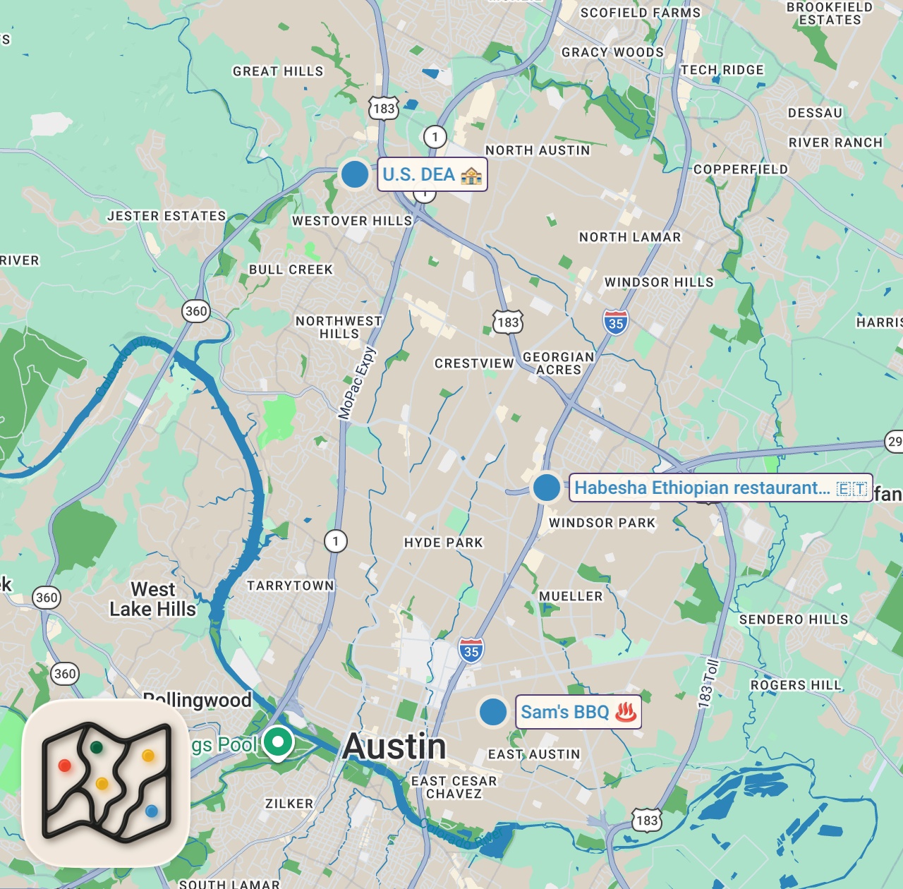 Map preview for Eating at SKETCHY Restaurants For 24 Hours... (Austin, Texas)