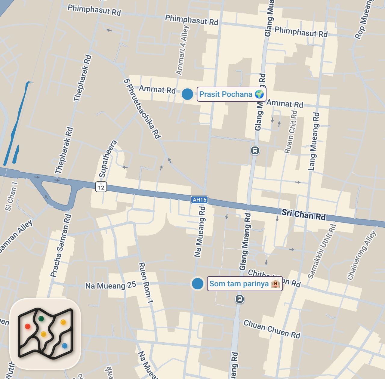 Map of 2 spots from Spicy Thai Street Food 🌶️ GREEN PAPAYA SALAD + Beef Hot Pot! | Food Tour in Khon Kaen, Thailand