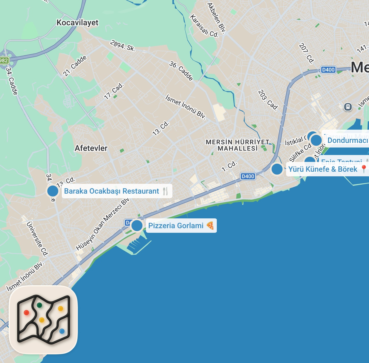 Map preview for MERSİN LEZZET REHBERİ (Tantuni, Künefe, Şireli Börek, Kerebiç, Cezerye, TarMer) - Ayaküstü Lezzetler