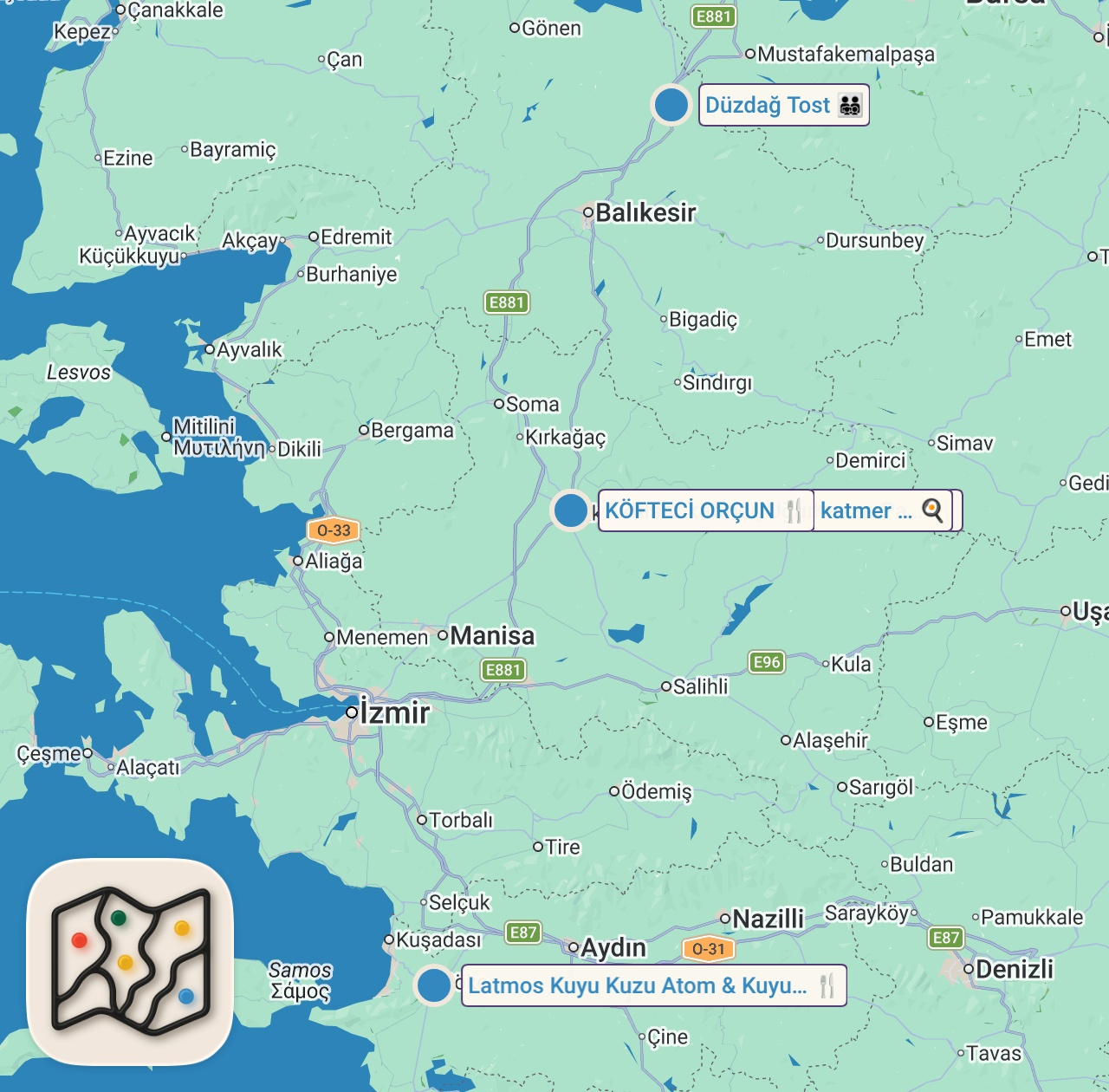 Map of 5 spots from YOLÜSTÜ LEZZET DURAKLARI: İstanbul-Bodrum | Susurluk tostu, Akhisar köfte, Söke kuyu kokoreç