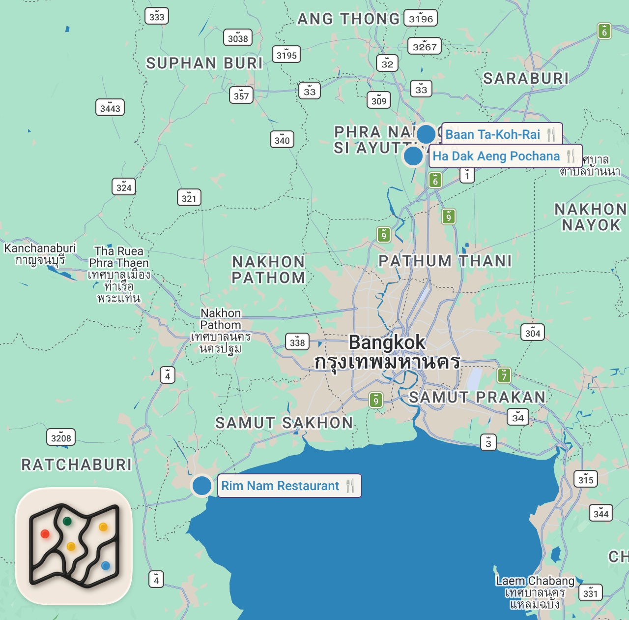 Map of 3 spots from Thailand Seafood - GIANT RIVER PRAWNS!! 🦐 Best Thai Food in Ayutthaya!