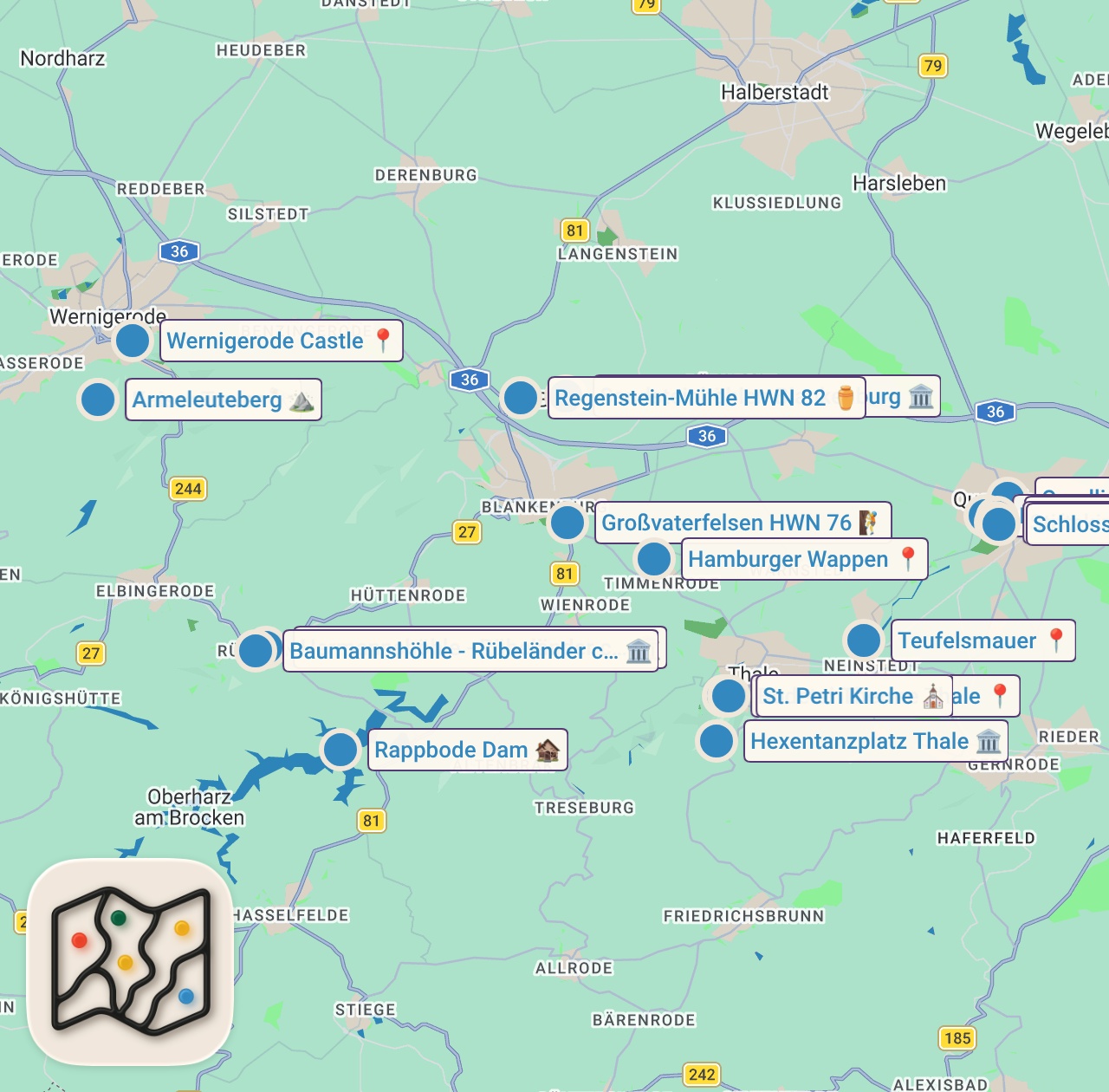 Map of 19 spots from Meine Heimat, schönes Deutschland: Reisevlog Harz: Quedlinburg #harz #reisevlog