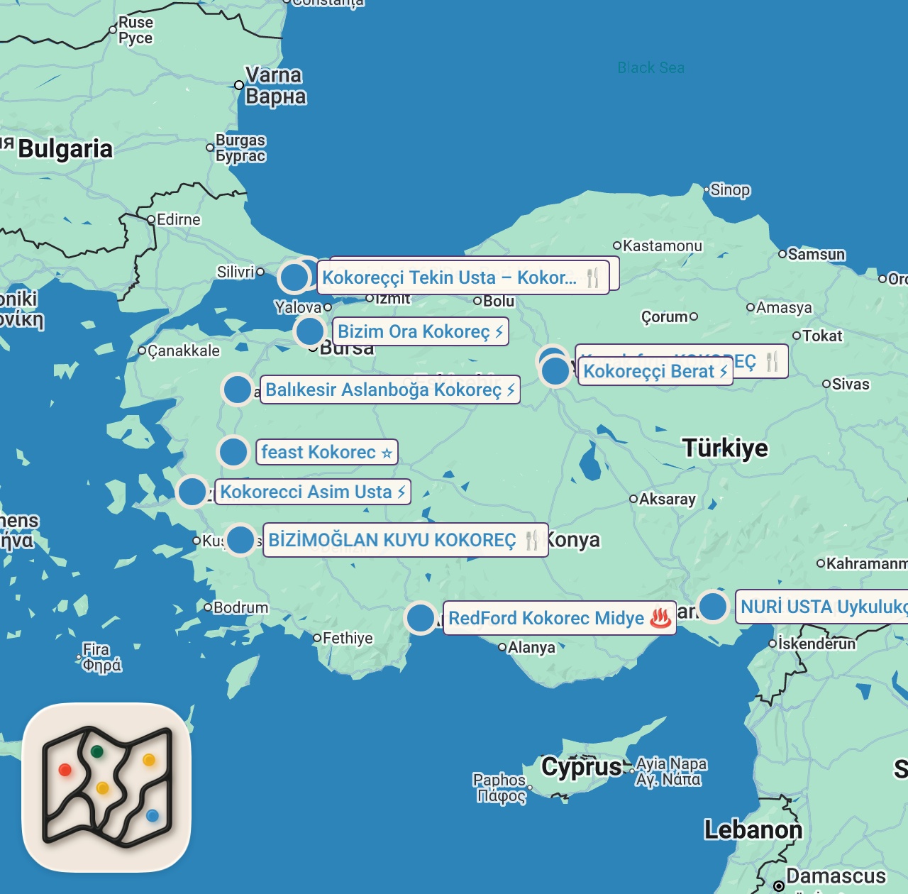 Map of 11 spots from EN İYİ KOKOREÇLER! #shorts #kokoreç #sokaklezzetleri