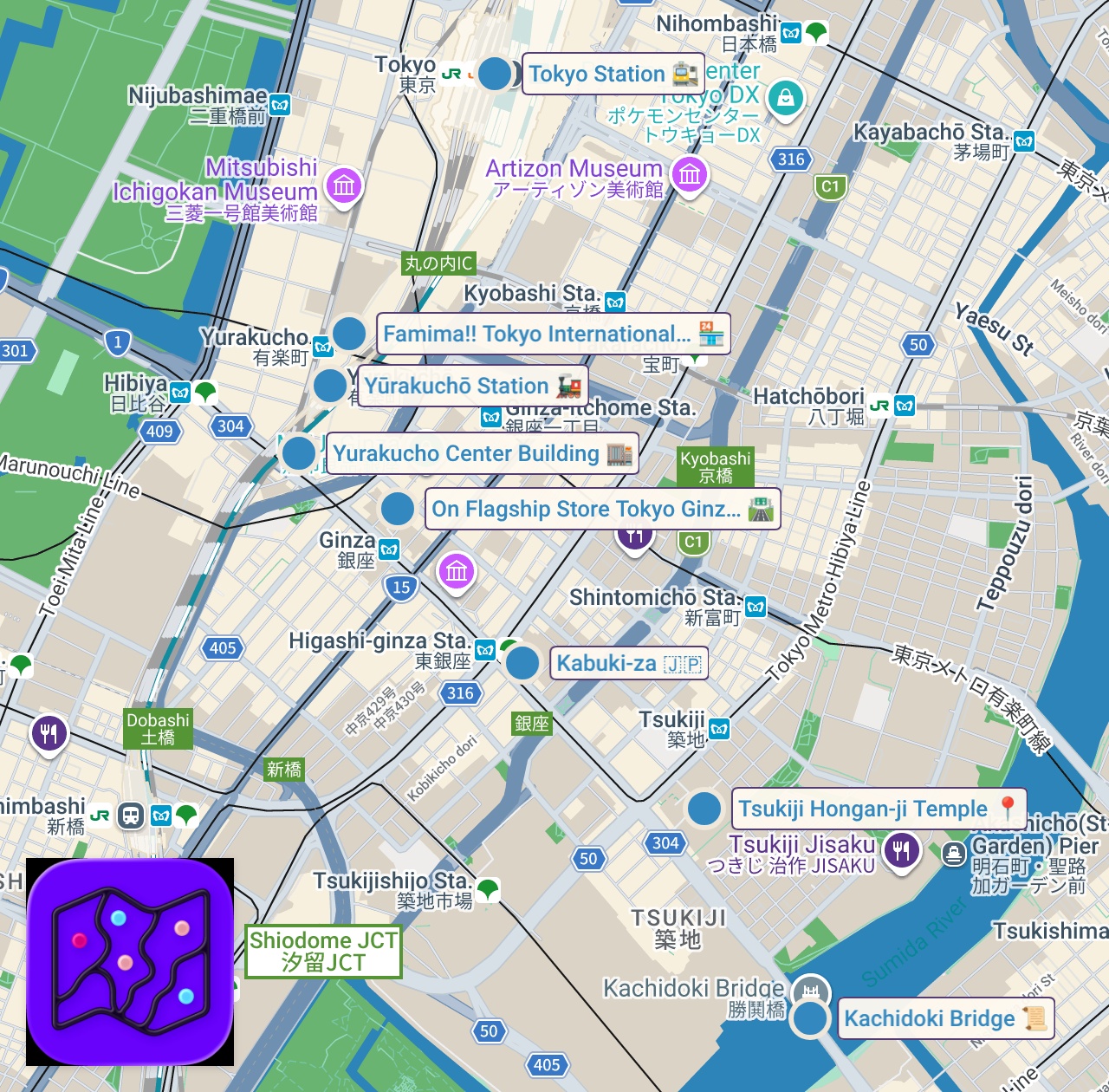 Map of 8 spots from 東京駅〜有楽町〜銀座〜築地本願寺〜勝鬨橋をのんびり散歩  | 4K Walk in Tokyo | DJI Pocket 2 | Japan 2022