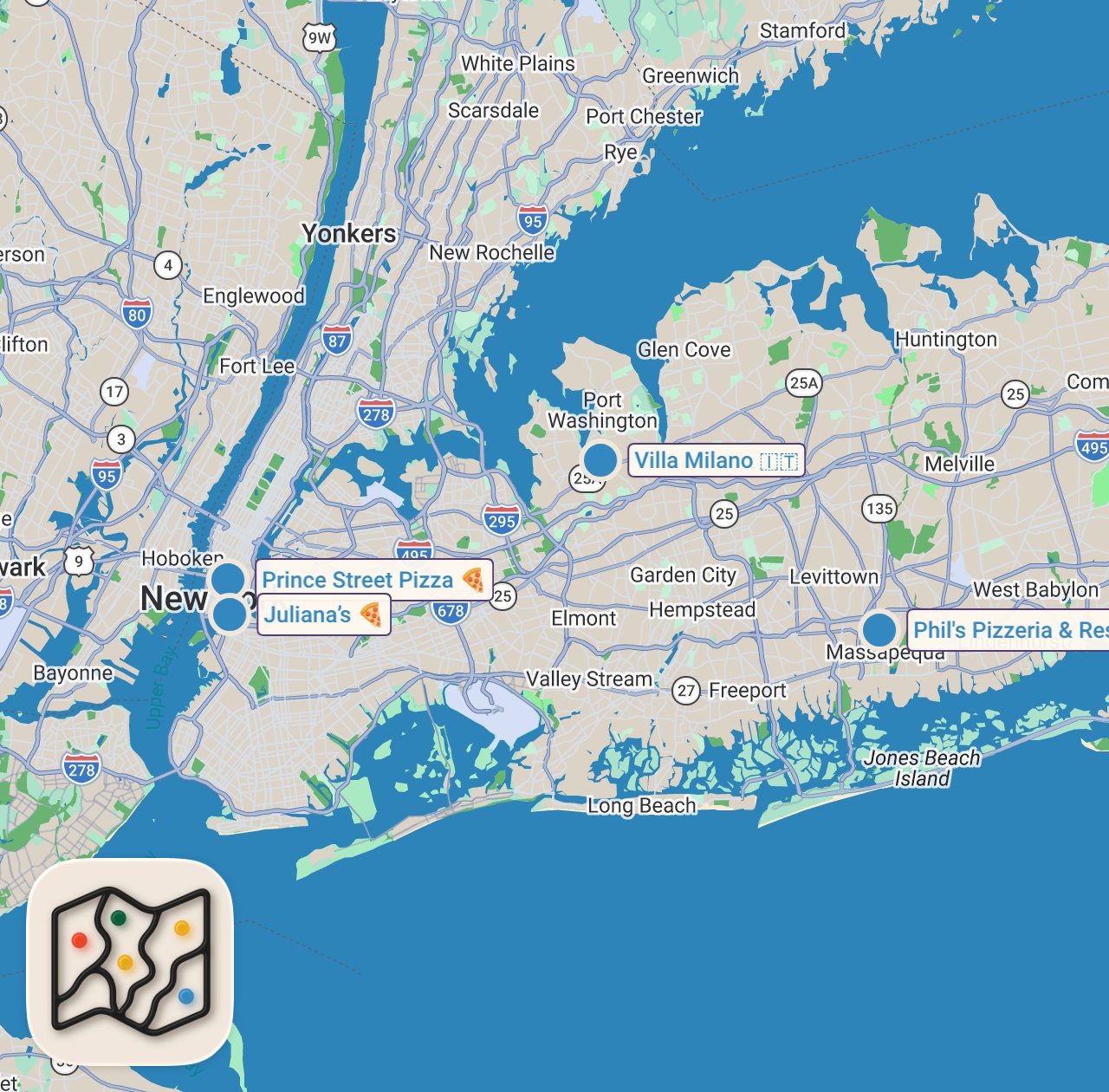 Map of 4 spots from Finding the Best Pizza in New York