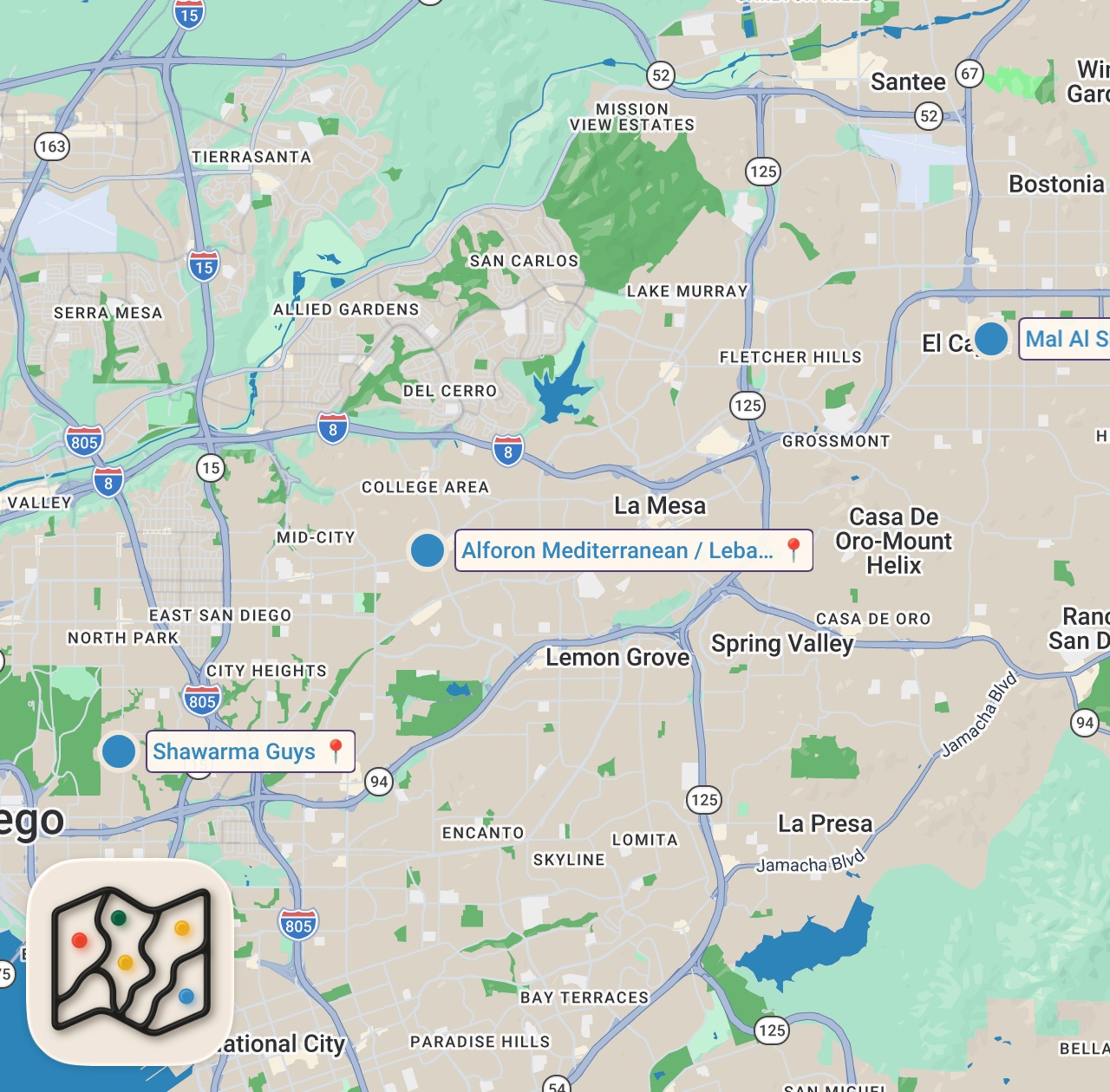 Map of 3 spots from I Tried the BEST Middle Eastern Food in San Diego