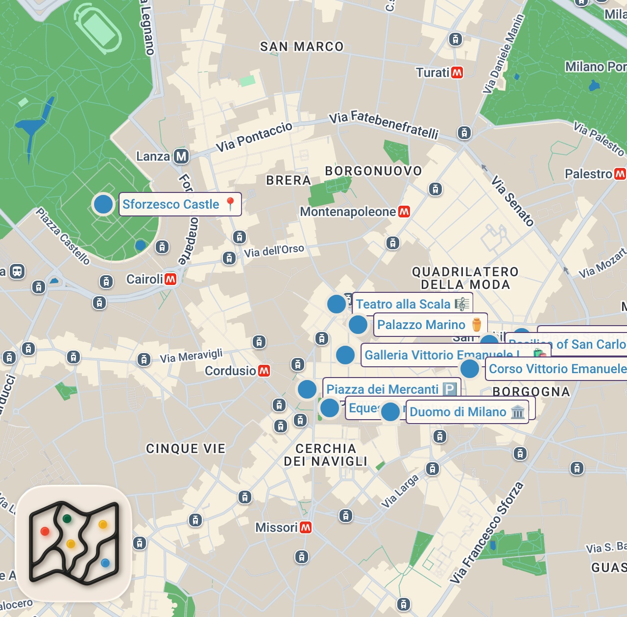 Map of 12 spots from MILAN (MILANO) Evening Walk 🇮🇹 Exploring the Host City of the 2026 Olympics - 4K Walking Tour