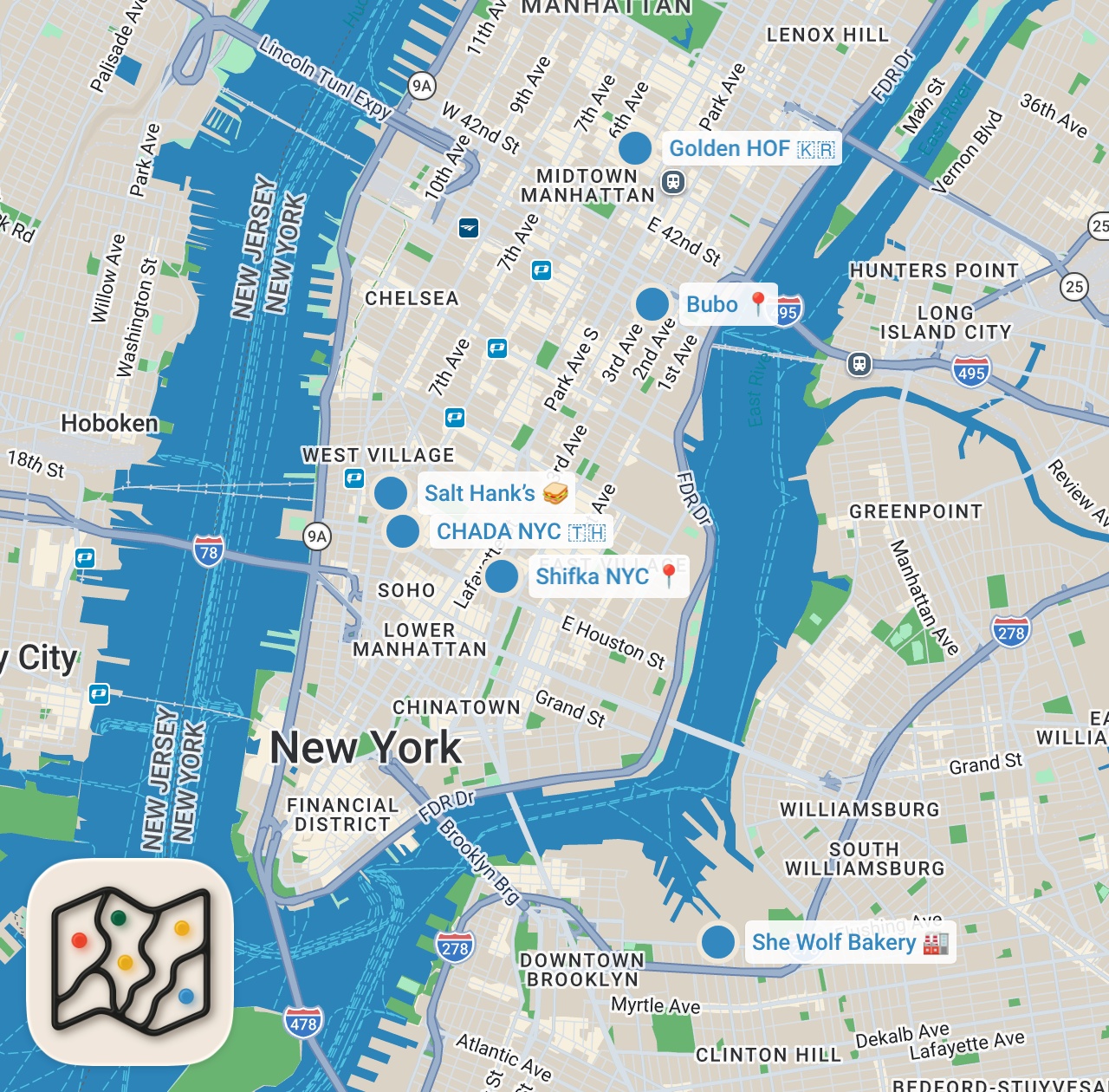 Map preview for 72 hours in NYC! Best eats!