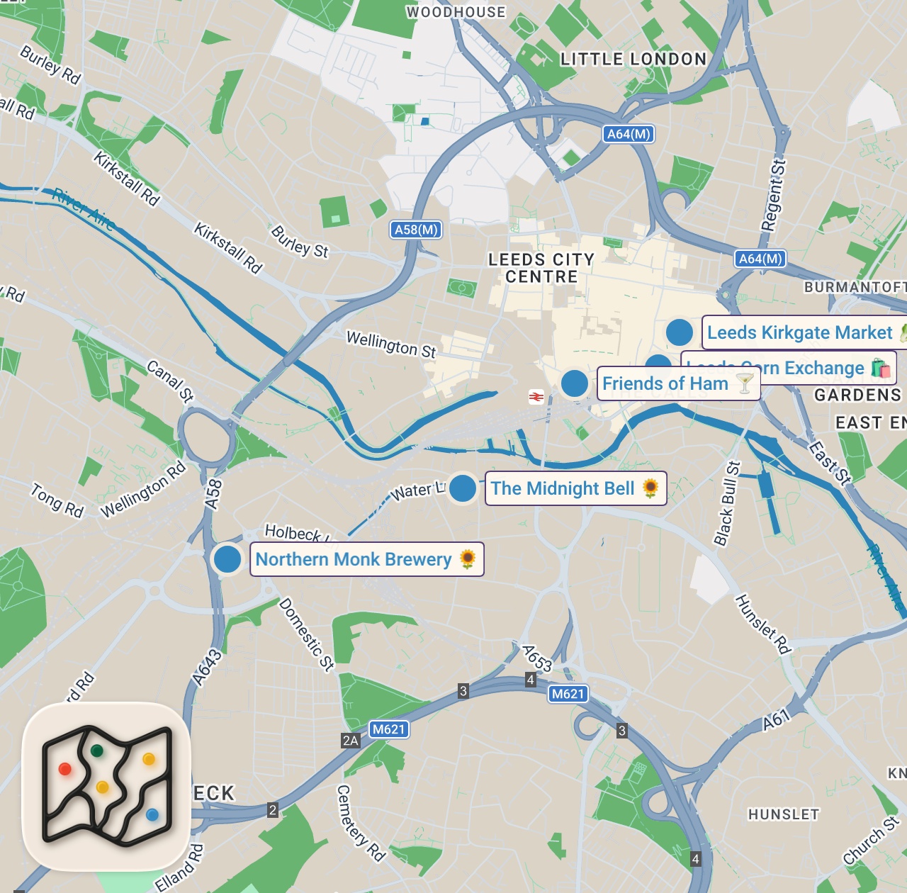 Map of 6 spots from LEEDS PUB CRAWL | ENGLAND TRAVEL VLOG #6