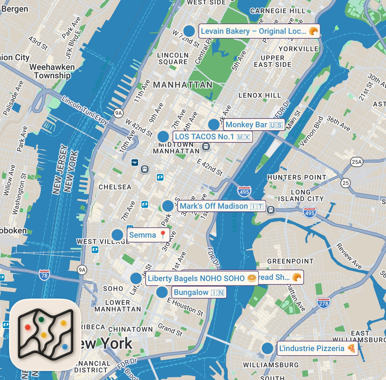 Map of 9 spots from NYC ultimate food guide - best food I ate in New York City #newyork #food #nycfood #newyorkcity