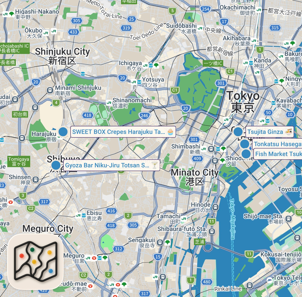 Map preview for 24H in TOKYO – Incredible JAPANESE Food – Ginza Ramen, Tsukiji Market & Tonkatsu