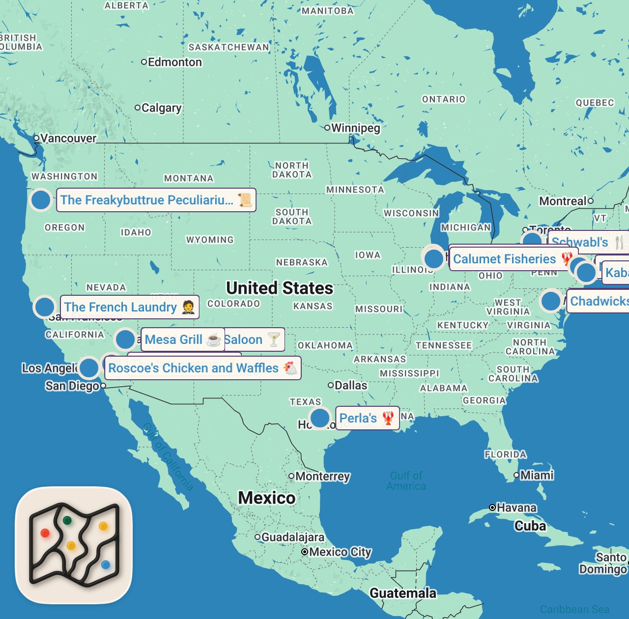 Map of 14 spots from Anthony in the US | Anthony Bourdain: No Reservations | Travel Channel