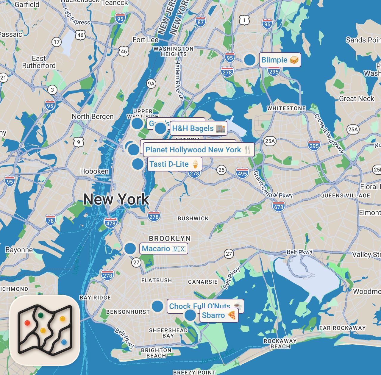 Map of 9 spots from I Tried Bankrupt NYC Restaurant Chains